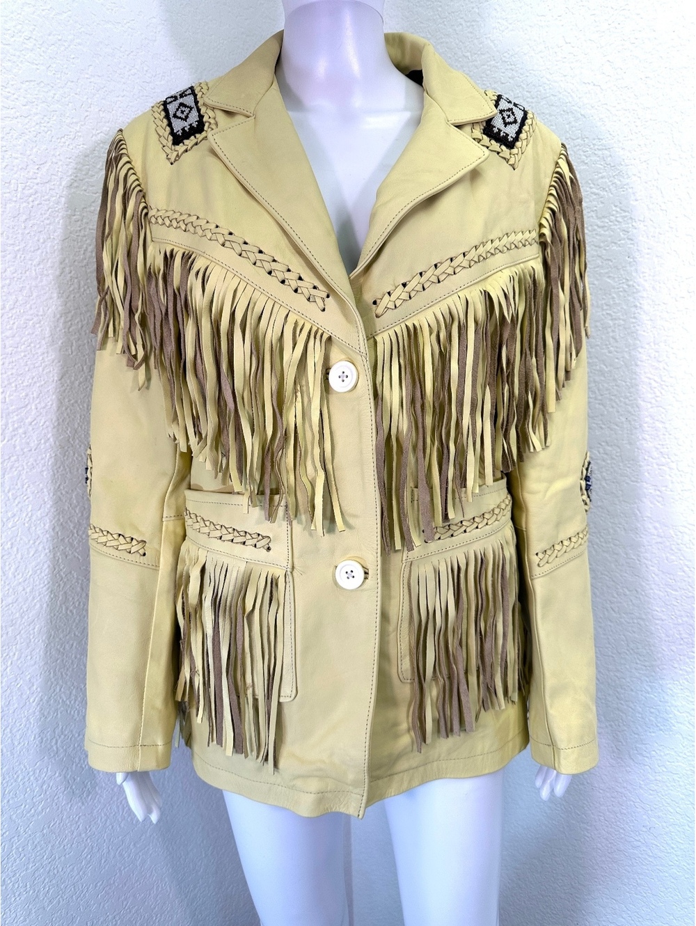 VTG New Sz M Butter Cream Cowhide Leather Fringe Jacket Beaded Western Boho